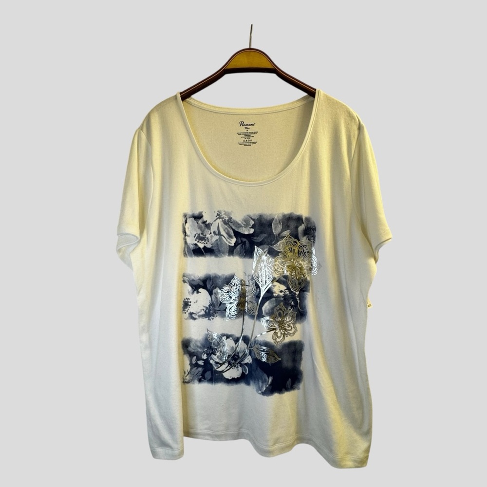 Penmans Women’s White Graphic Tee Metallic Silver Floral Design Size 2X